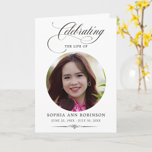 Photo Elegant Script Memorial Remembrance Program  Kaart (Gele Bloem)