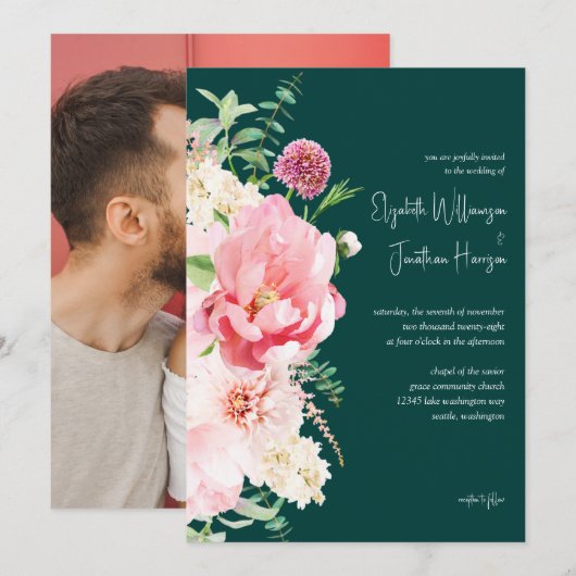 Photo Emerald Blush Dark Moody Floral Script Kaart (Voorkant / Achterkant)