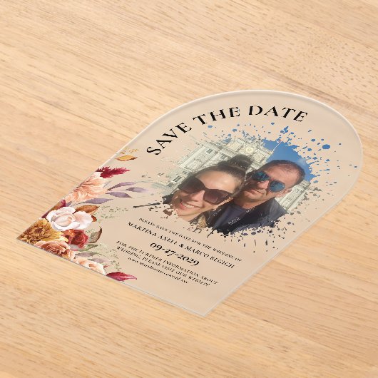 Photo Fall Floral Save the date Frosted Acryl Uitnodigingen (Laagn)