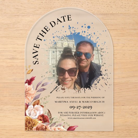 Photo Fall Floral Save the date Frosted Acryl Uitnodigingen (Voorkant)
