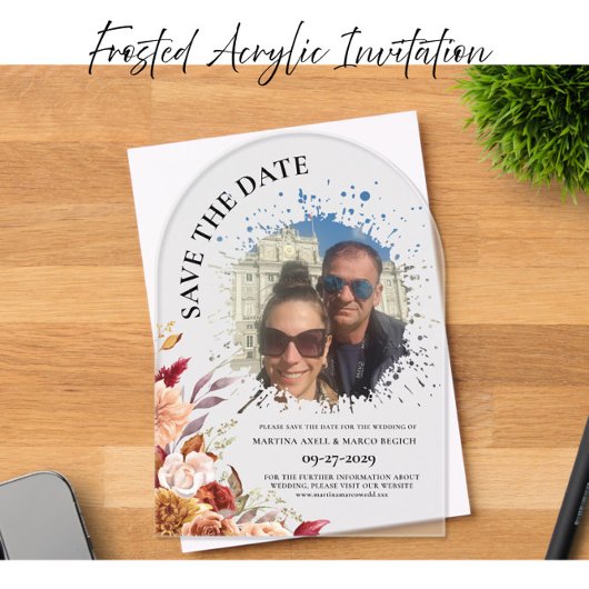 Photo Fall Floral Save the date Frosted Acryl Uitnodigingen