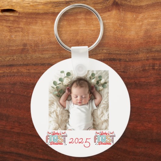Photo First Christmas Red Personalize Sleutelhanger (Voorkant)