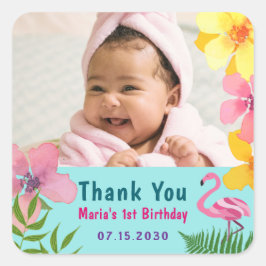 Photo Flamingo 1st Birthday Thank You Vierkante Sticker