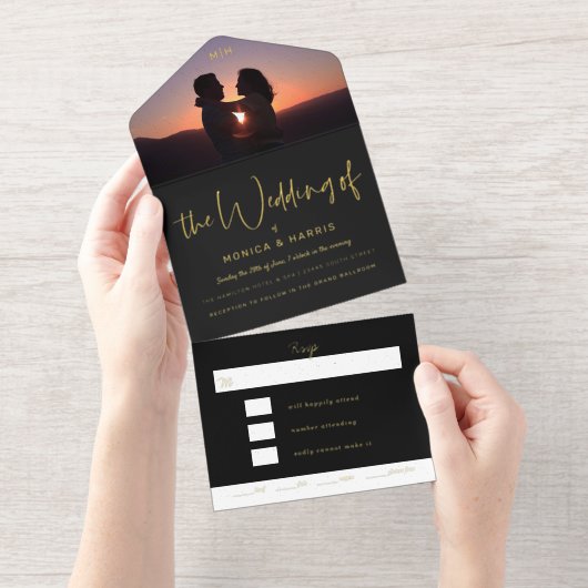 Photo Flap Black Wedding Foil All In One Uitnodiging (Uittrekbaar)