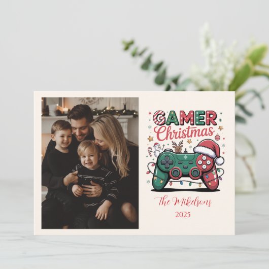 Photo Funny Gamer Christmas Feestdagenkaart (Staand voorkant)