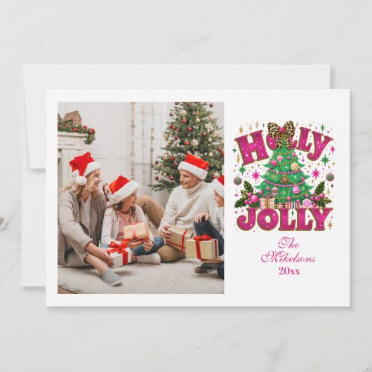 Photo Glitter Leopard Bow Holly Jolly Feestdagenkaart (Voorkant)