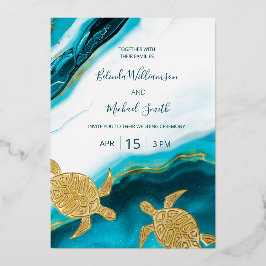 PHOTO Gold Turtles Teal Ink Wedding   Folie Uitnodiging