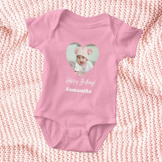 Photo heart name birthday baby girl pink romper