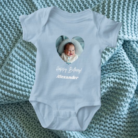 Photo heart name birthday blue boy romper