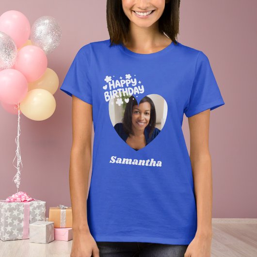 Photo heart name birthday blue t-shirt