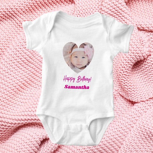Photo heart name birthday girl pink romper