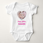 Photo heart name birthday girl pink romper (Voorkant)