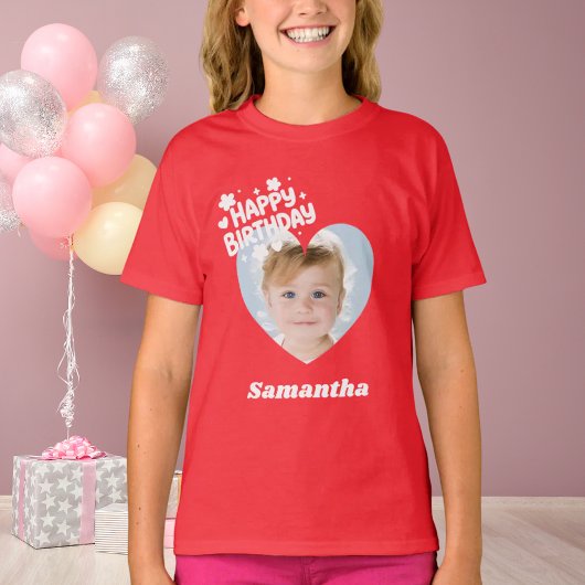 Photo heart name birthday girl red t-shirt