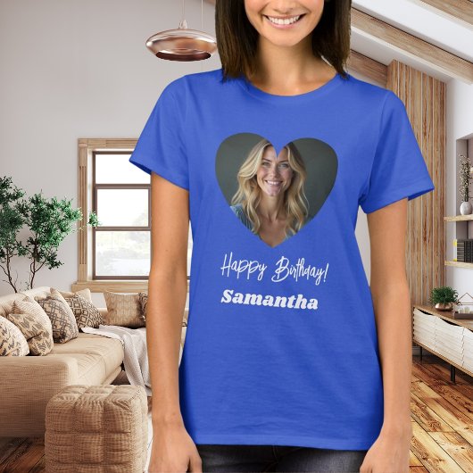 Photo heart name birthday woman blue t-shirt