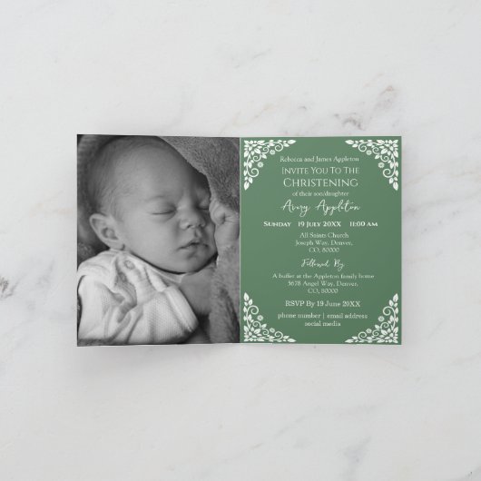 Photo Invitation For Christening Cross Fern Green Feestdagen Kaart (Binnen)