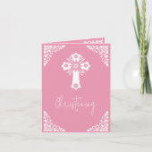Photo Invitation For Christening Cross Rose Pink Feestdagen Kaart (Voorkant)
