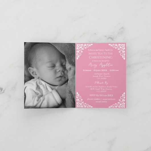 Photo Invitation For Christening Cross Rose Pink Feestdagen Kaart (Binnen)