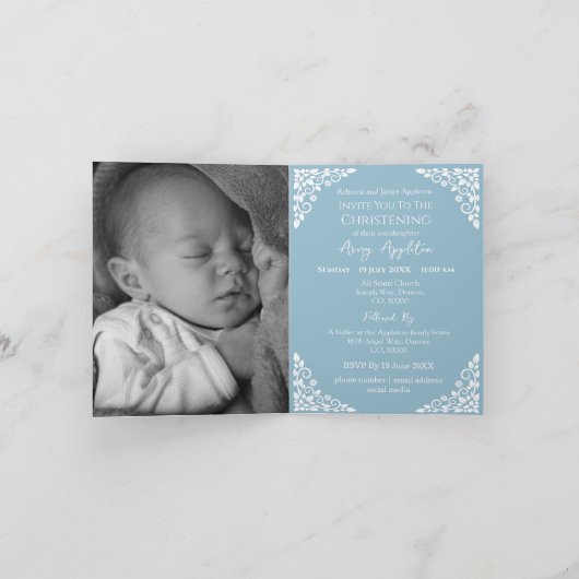 Photo Invitation For Christening Cross Sky Blue Feestdagen Kaart (Binnen)