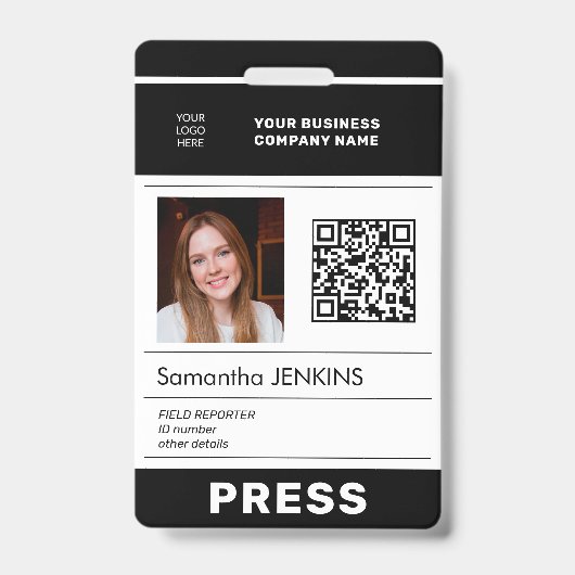 Photo logo QR CODE press pass ID Badge (Voorkant)