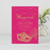 Photo Magenta Pink Gold Masquerade Birthday Kaart (Staand voorkant)