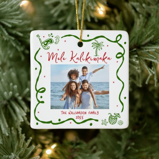 Photo Mele Kalikimaka Red Green Doodles Christmas Keramisch Ornament (Boom)