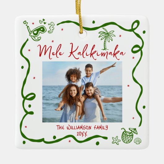 Photo Mele Kalikimaka Red Green Doodles Christmas Keramisch Ornament (Voorkant)