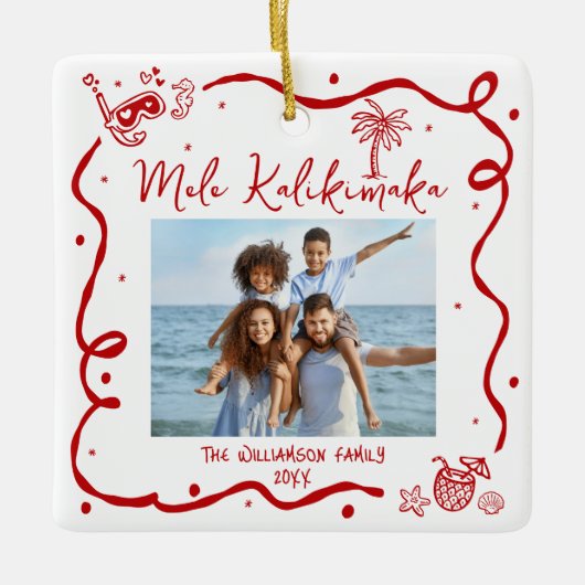 Photo Mele Kalikimaka Red Hand Drawn Christmas Fun Keramisch Ornament (Voorkant)