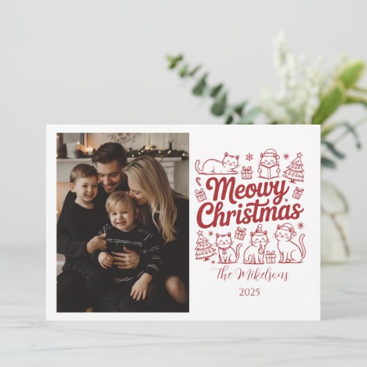 Photo Meowy Christmas Party Feestdagenkaart (Staand voorkant)