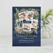 PHOTO Merry KerstGreenery Wreath Navy Wood Feestdagenkaart (Staand voorkant)
