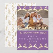 Photo Merry KerstHappy Deer Gold Paars Feestdagenkaart (Voorkant / Achterkant)