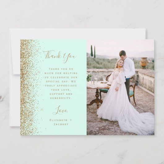 Photo Mint Green Gold Glitter Script Wedding Bedankkaart (Voorkant)