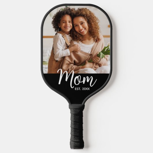 Photo Mom Established Date Fun Script on Black Pickleball Paddle (Voorkant)