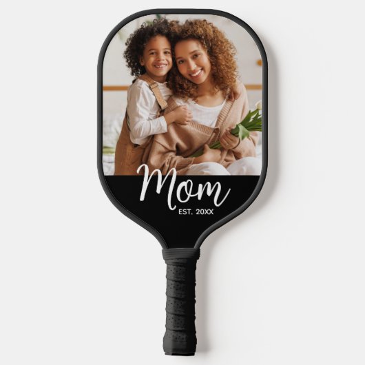 Photo Mom Established Date Fun Script on Black Pickleball Paddle (Achterkant)