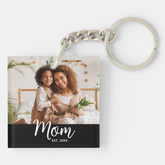 Photo Mom Established Date White Script on Black Sleutelhanger (Achterkant)