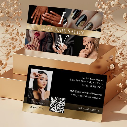Photo Nail Art Technician Luxe Monogram Black Gold Visitekaartje