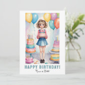 *PHOTO NAME Birthday Card Girl Cake Kaart (Staand voorkant)