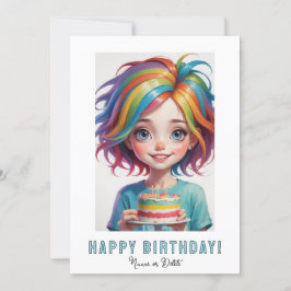 *PHOTO NAME Birthday Card Girl Cake Rainbow Kaart