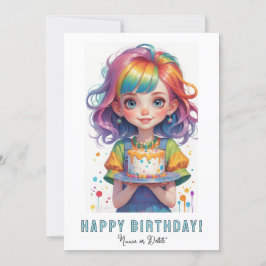 *PHOTO NAME Birthday Girl Cake Rainbow Red Hair Kaart
