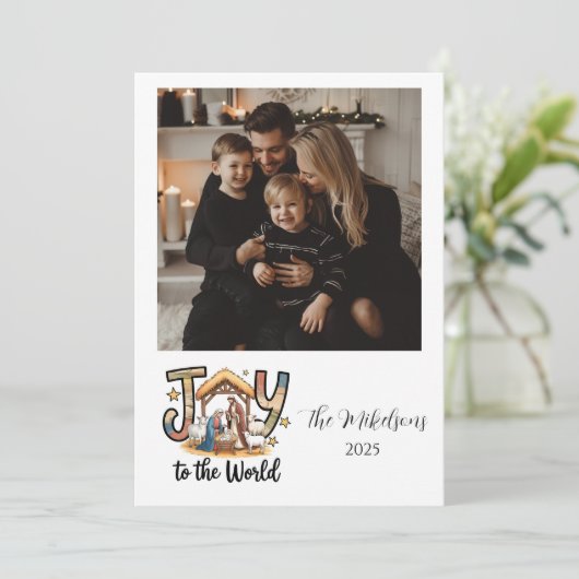 Photo Nativity Joy to the World Christmas Feestdagenkaart (Staand voorkant)