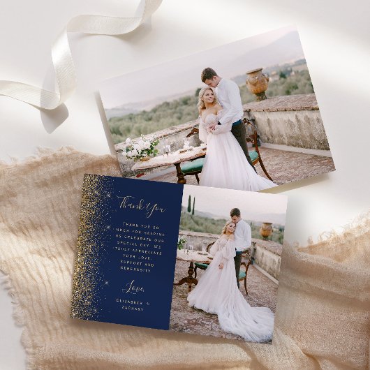 Photo Navy Blue Gold Glitter Script Wedding Bedankkaart