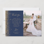 Photo Navy Blue Gold Glitter Script Wedding Bedankkaart (Voorkant)