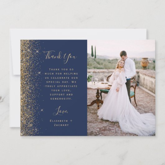 Photo Navy Blue Gold Glitter Script Wedding Bedankkaart (Voorkant)
