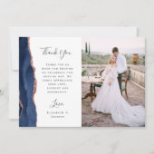 Photo Navy Blue Rose Gold Agate Script Wedding Bedankkaart (Voorkant)