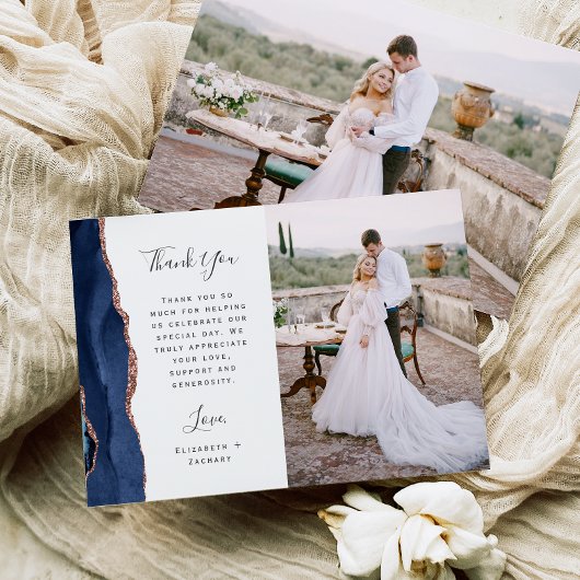 Photo Navy Blue Rose Gold Agate Script Wedding Bedankkaart
