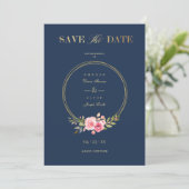 Photo Navy Elegant Pink Garland Wreath Wedding Save The Date (Staand voorkant)