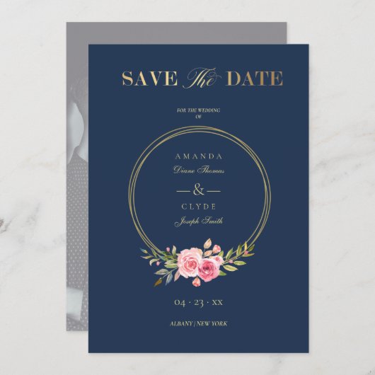 Photo Navy Elegant Pink Garland Wreath Wedding Save The Date (Voorkant / Achterkant)