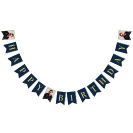 Photo Navy Gold Art Deco Frame Happy Birthday Vlaggetjes