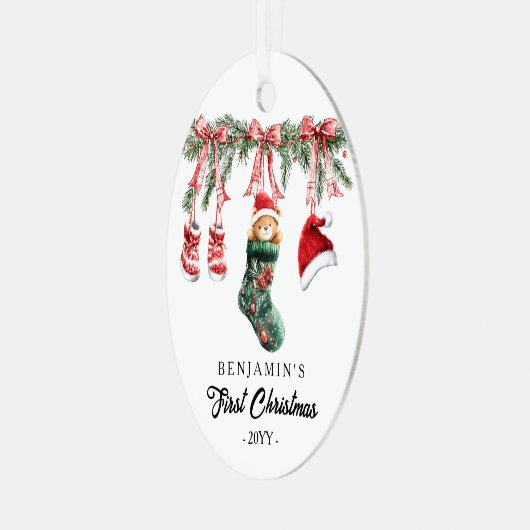 Photo on back 1st Christmas Baby Metalen Ornament (Voorkant links)