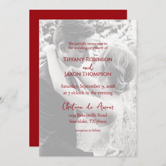 Photo Overlay Lovely Red Text Minimalist Wedding Kaart (Voorkant / Achterkant)