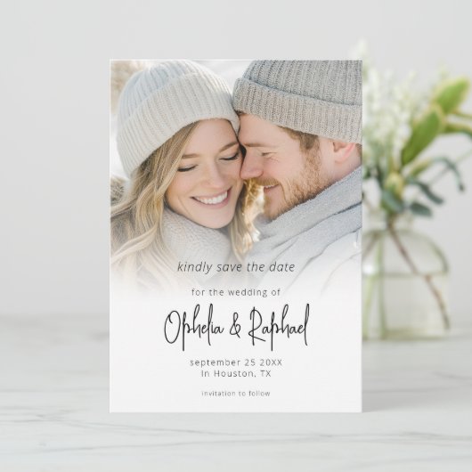 Photo Overlay Modern Script QR Code Wedding Save The Date (Staand voorkant)